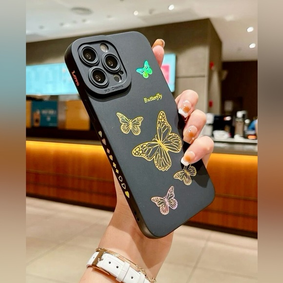 NWT iPhone13ProMax Golden Chrome Butterfly Black Rubber Phone Case - Picture 1 of 3